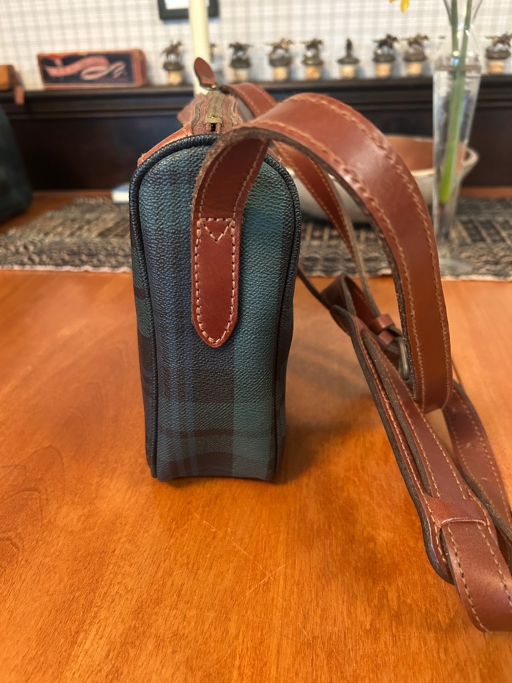 Ralph Lauren Green and Black Plaid Toiletry Crossbody with Brown Trim - Picture 2 of 7